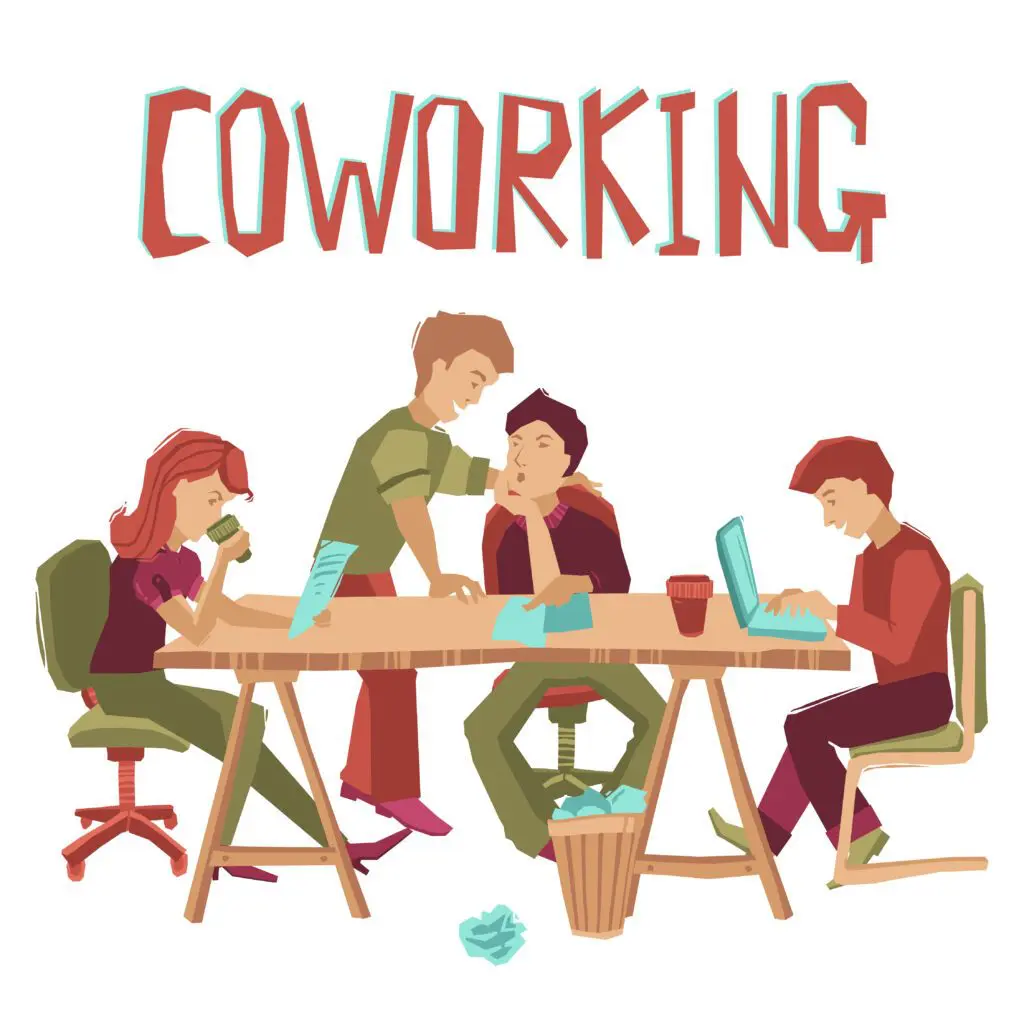 Coworking day center concept with people working at table and talking flat vector illustration