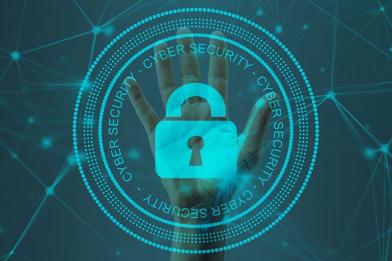 a blue image with a hand and a logo of lock with cyber security written around it
