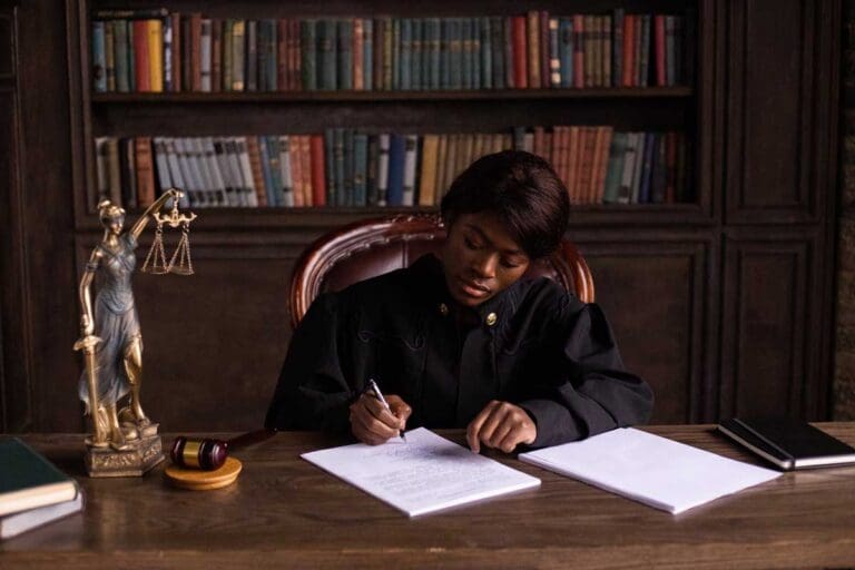 a lawyer writing on a document in her office
