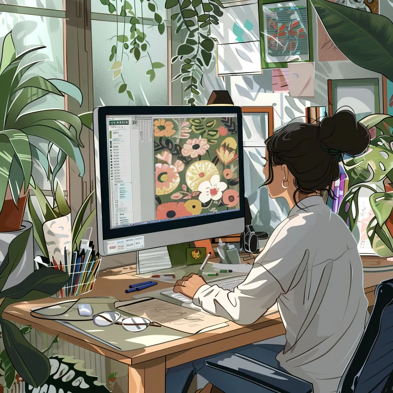 illustration of a woman working on her computer in an office