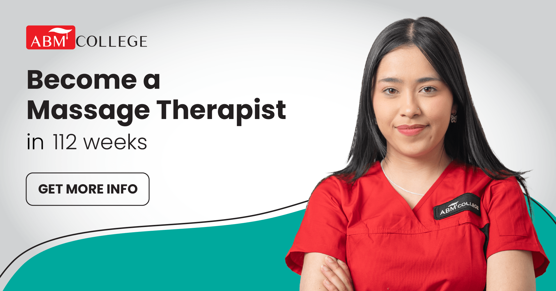 ABM College banner: Become a Massage Therapist in 112 weeks, with a Get More Info button