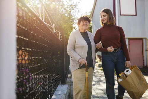 Community service worker helping elderly citizen in carrying groceries