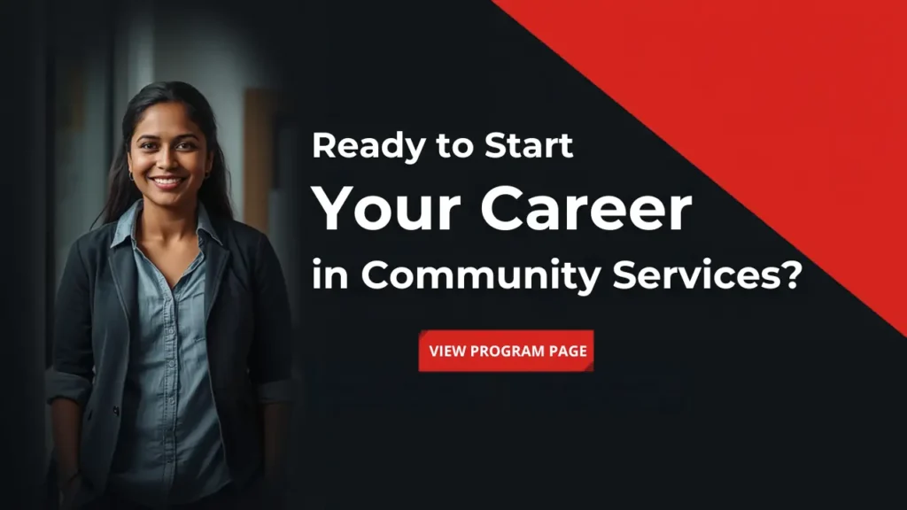 Call-to-action banner inviting readers to view ABM College's Addictions and Community Service Worker Diploma program page or apply online