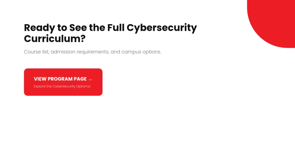 Call-to-action banner inviting readers to view the ABM College Cybersecurity Diploma program page for course list, admission requirements, and campus options.