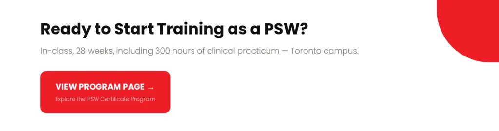 Call-to-action banner linking to ABM College's Toronto PSW Certificate program page